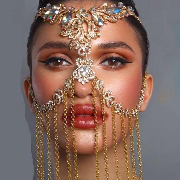 CaliShadow Accessories - Crystal Face Chain Halloween Mask for Women Headpiece Tassel Hair Jewelry